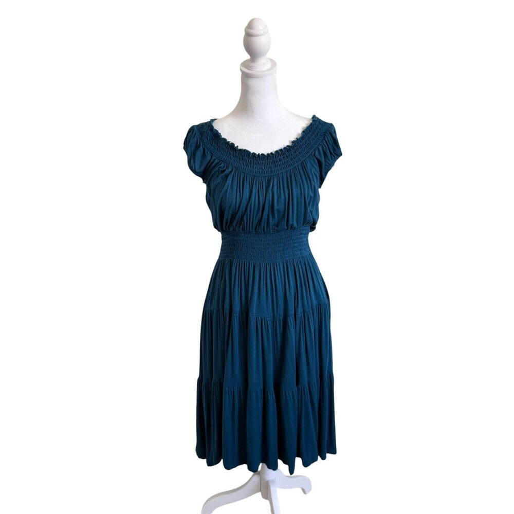 Jody California Smocked Tiered Dress Stretch Peasant Boho Flowy Size L